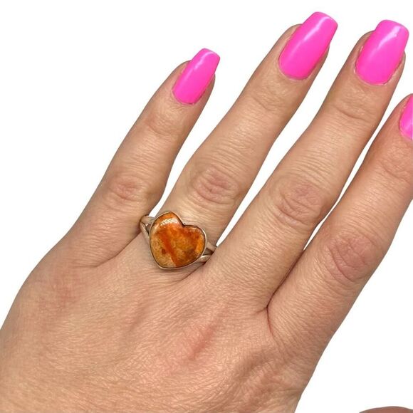 Sponge Coral Heart Shaped Ring Size 10 Solid 925 Sterling Silver Orange Boho - Picture 2 of 7